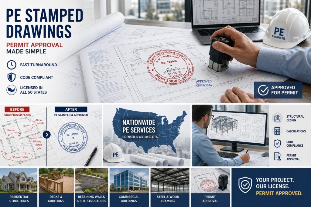 We provide stamped drawings for permit, prepared by licensed engineers. Our stamped plans are code-compliant, accurate, and ready for quick permit approval. Permit-Ready Engineering Plans
